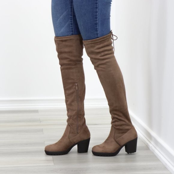 Taupe Thigh High Suede Boots Lug Chunky Heel - Picture 10 of 15